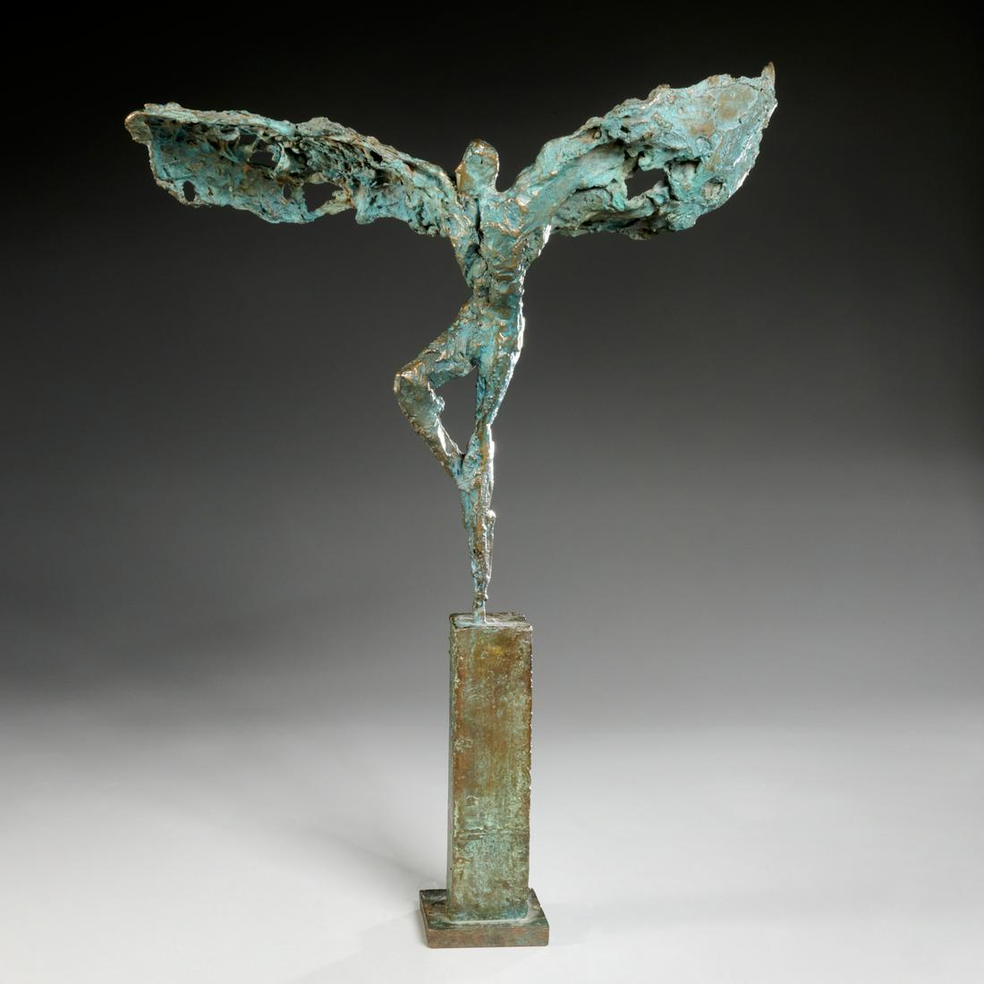 Guy Ferrer, verdigris bronze sculpture, 1995: Guy Ferrer, verdigris bronze sculpture, 1995, Guy Ferrer (Algerian/French, b. 1955), "Envol", etched signed, titled and numbered 7/8, 24"h x 18"w x 8"d Provenance: The Collection of Litsa Tsitsera, Ne