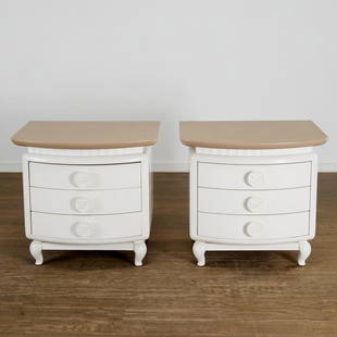 Morris Lapidus, nightstands from Eden Roc Hotel: Morris Lapidus, nightstands from Eden Roc Hotel, mid 20th c., pair white and taupe painted three drawer stands, with "ER" (Eden Roc Miami Beach) drawer pulls, label to drawer interior "Kimball Hospita