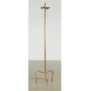 Maison Ramsay gilt iron floor lamp, Parish-Hadley: Maison Ramsay gilt iron floor lamp, Parish-Hadley, c. 1950s, France, triangular tube metal stem raised on arched tripod base, double-cluster socket, 55"h x 13"dia (to finial) Provenance: Furnishings f