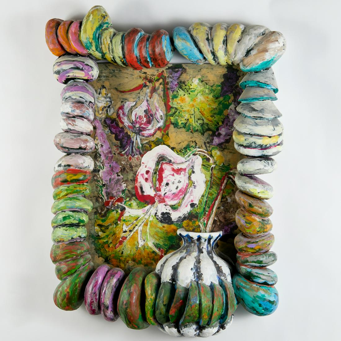 Marcia Gygli King, paper collage in artist frame: Marcia Gygli King, paper collage in artist frame, Marcia Gygli King (American,1931-2011), "Rubrum Lily and Vase", oil on paper collage mounted to wood panel, in hand-molded and oil painted papier mach