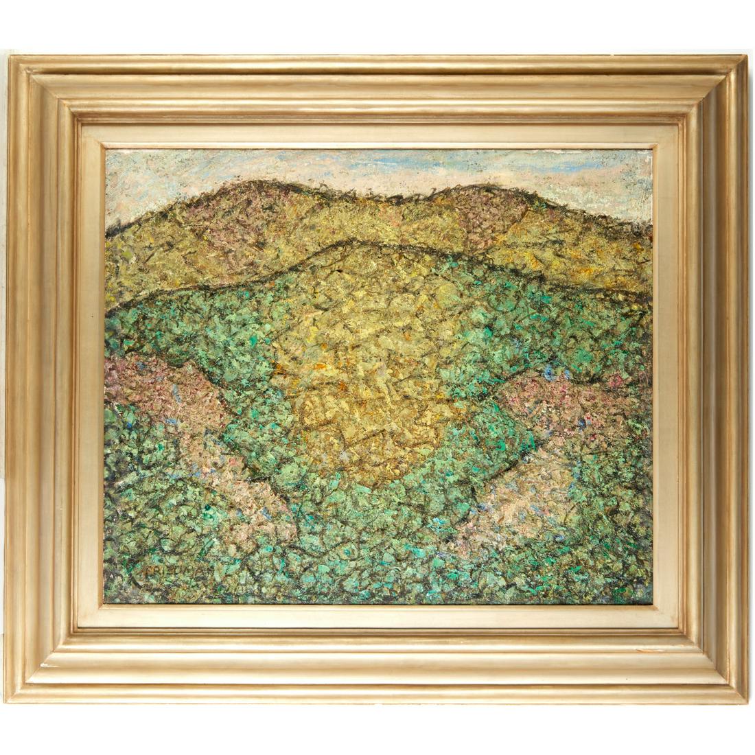 Arnold Friedman, oil on canvas, c. 1943: Arnold Friedman, oil on canvas, c. 1943, Arnold Friedman (American, 1874-1946), "Twin Mountains", signed "Friedman" lower left, two gallery labels verso, 25"h x 30"w (canvas), 34"h x 41"w (frame) Prov