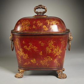 A Pair of Tole Peinte Lidded Chestnut Urns with Floral Stenciled Motifs A Pair of Tole Peinte Lidded Chestnut Urns with Floral Stenciled Motifs