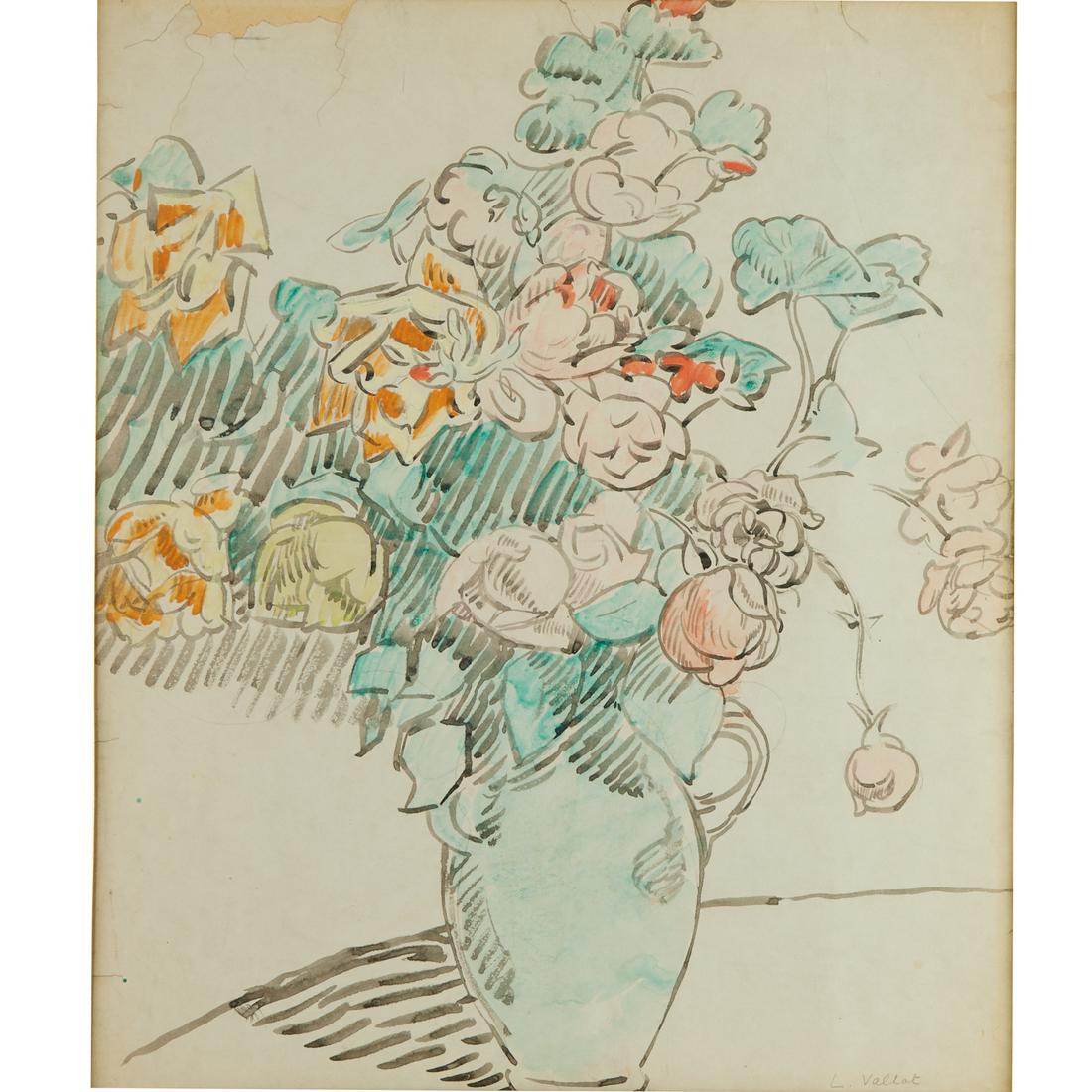 Louis Valtat, ink wash and watercolor on paper: Louis Valtat, ink wash and watercolor on paper, Louis Valtat (French, 1869-1952), Still life of Flowers, pencil signed "L. Valtat" lower right, matted and framed under glass, 22"h x 18.5"w (sight), 34