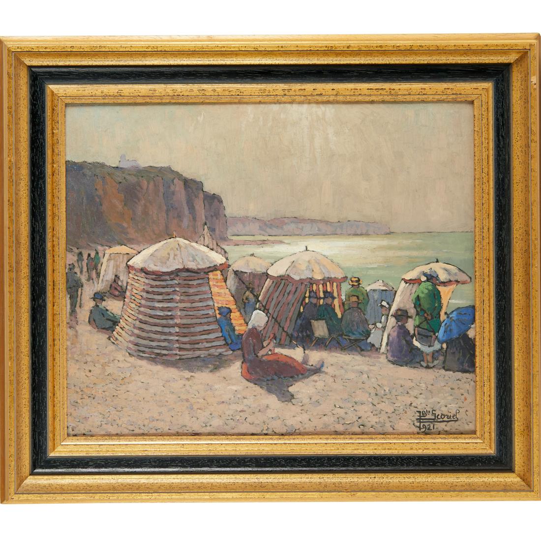 Jean-Baptiste Scoriel, oil on board, 1921: Jean-Baptiste Scoriel, oil on board, 1921, Jean-Baptiste Scoriel (Belgium, 1883-1956), "Plage de Diefevre", signed and dated lower right, signed and titled verso, 15"h x 18"w (board), 20"h x 23"w (fra