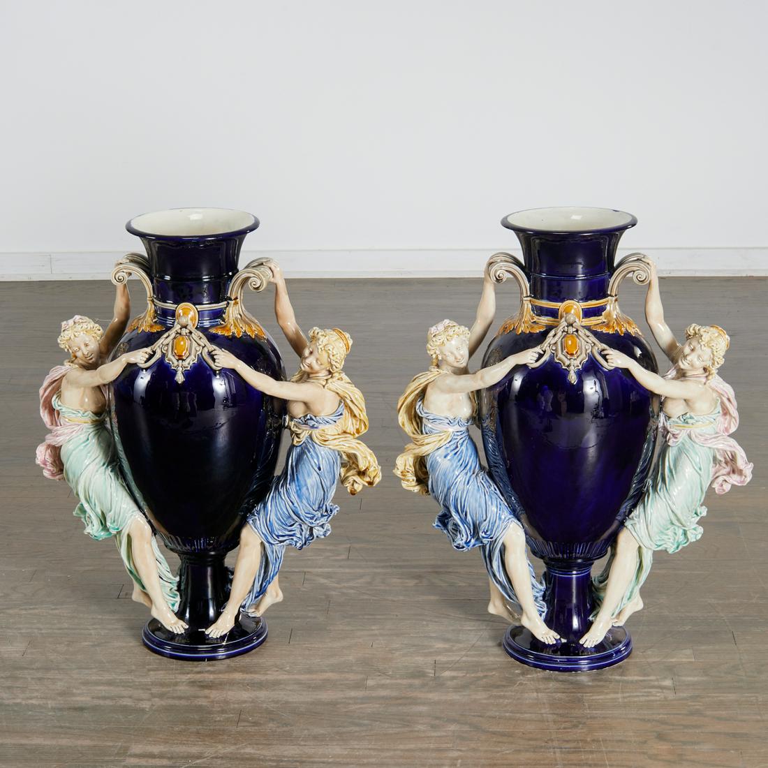 Choisy le Roi, pair large French majolica vases (1 of 9)