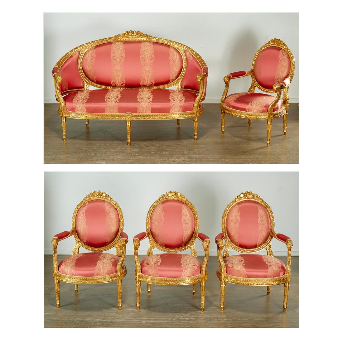 Louis XVI style giltwood salon seating group: Louis XVI style giltwood salon seating group, 20th c., includes (4) large giltwood armchairs and a canape, the thickly gilded wood frames elaborately carved with musical instruments, flower buds, and
