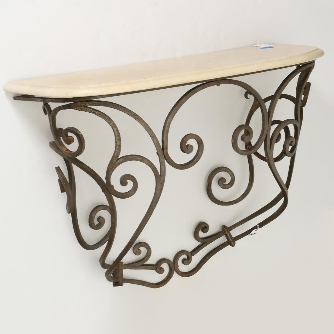 Designer marble top wrought iron wall console: Designer marble top wrought iron wall console, 21st c. incorporating 19th c. ironwork, unmarked, 34"h x 46.5"w x 18"d