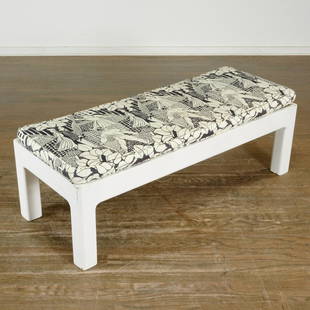 Modern bench, Raoul Dufy "La Tennis" fabric: Modern bench, Raoul Dufy "La Tennis" fabric, 20th c., white painted wood slat bench, with removable seat cushion in Raoul Dufy, "Le Tennis" woodblock fabric design for Paul Poiret at Atelier Martine,