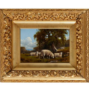 Charles Grant Davidson, oil on canvas: Charles Grant Davidson, oil on canvas, Charles Grant Davidson (American, 1865-1945), Grazing Sheep, oil on canvas, signed "C. Grant Davidson" lower left, 8.25"h x 11.75"w (sight), 17.75"h x 21.25"w x