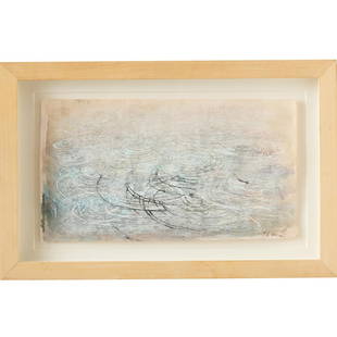 John Lees, mixed media drawing: John Lees, mixed media drawing, John Lees (American, b. 1934), "Duck Ripples", 2002, ink, pencil, and chalk on paper, signed "J. Lees" at lower right, auction label verso, displayed in shadowbox frame