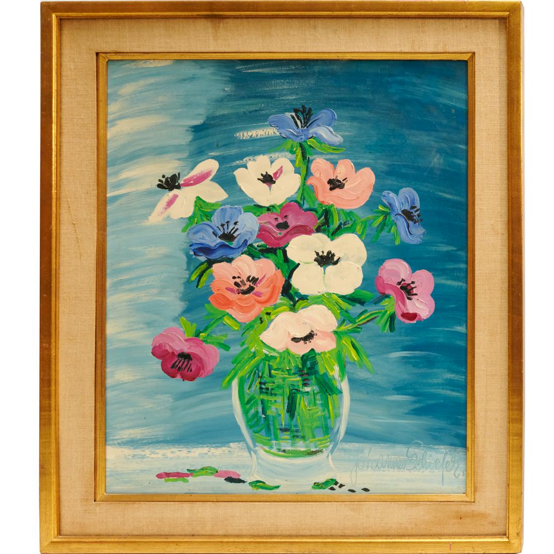 Johannes Schiefer, painting: Johannes Schiefer, painting, Johannes Schiefer (Dutch-American, 1896-1979), untitled still life, oil on canvas, signed lower right, remnant South Hampton labels on stretcher verso; 23.25"h x 19.5"w (s