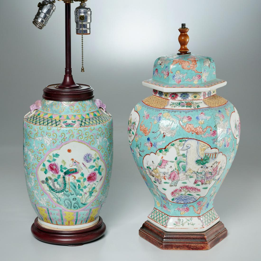 (2) Chinese famille rose porcelain jar lamps (1 of 6)