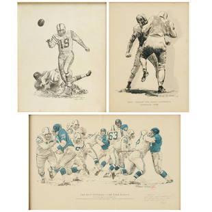 Robert Riger, football drawing & lithographs: Robert Riger, football drawing & lithographs, Robert Riger (American, 1924-1995), incl. "First Drawing for Sports Illustrated, September 1954", mixed media drawing, pencil signed and inscribed; with,