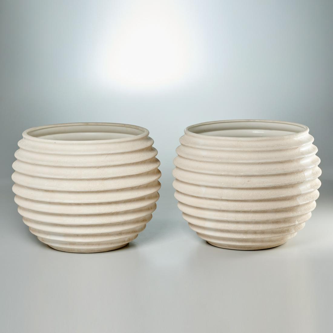 Pair Michael Taylor style ceramic jardinieres: Pair Michael Taylor style ceramic jardinieres, c. 1980s, cream textured ceramic, unmarked, 12.5"h x 15"dia Provenance: The Collection of Litsa Tsitsera, New York