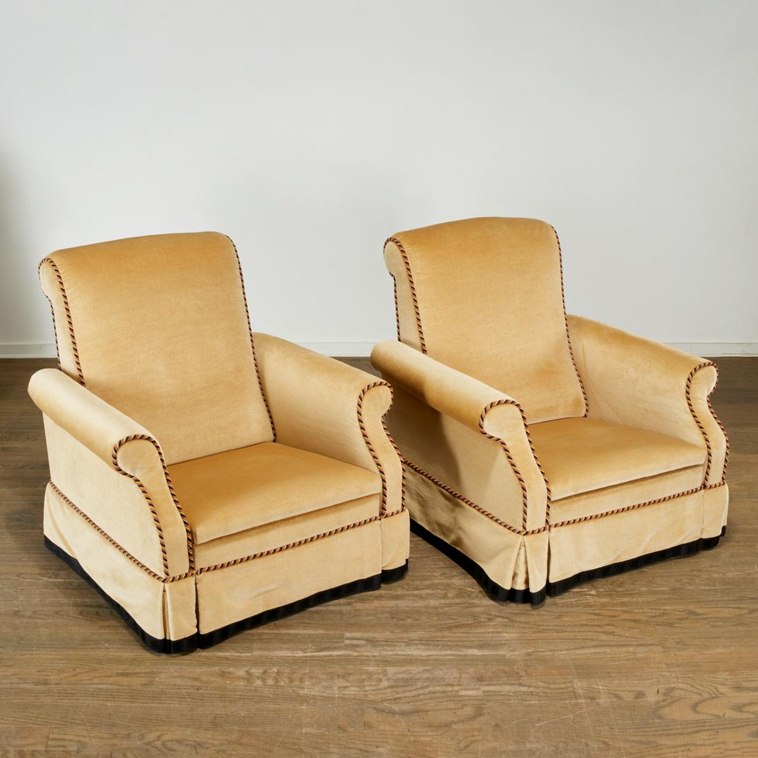 J.P. Molyeneux, (2) mohair home theater chairs: J.P. Molyeneux, (2) mohair home theater chairs, 20th c., champagne upholstered mohair velvet with braided welting, with motorized reclining mechanism, 34.5"h x 34"w x 39.5"d Provenance: Contents from 