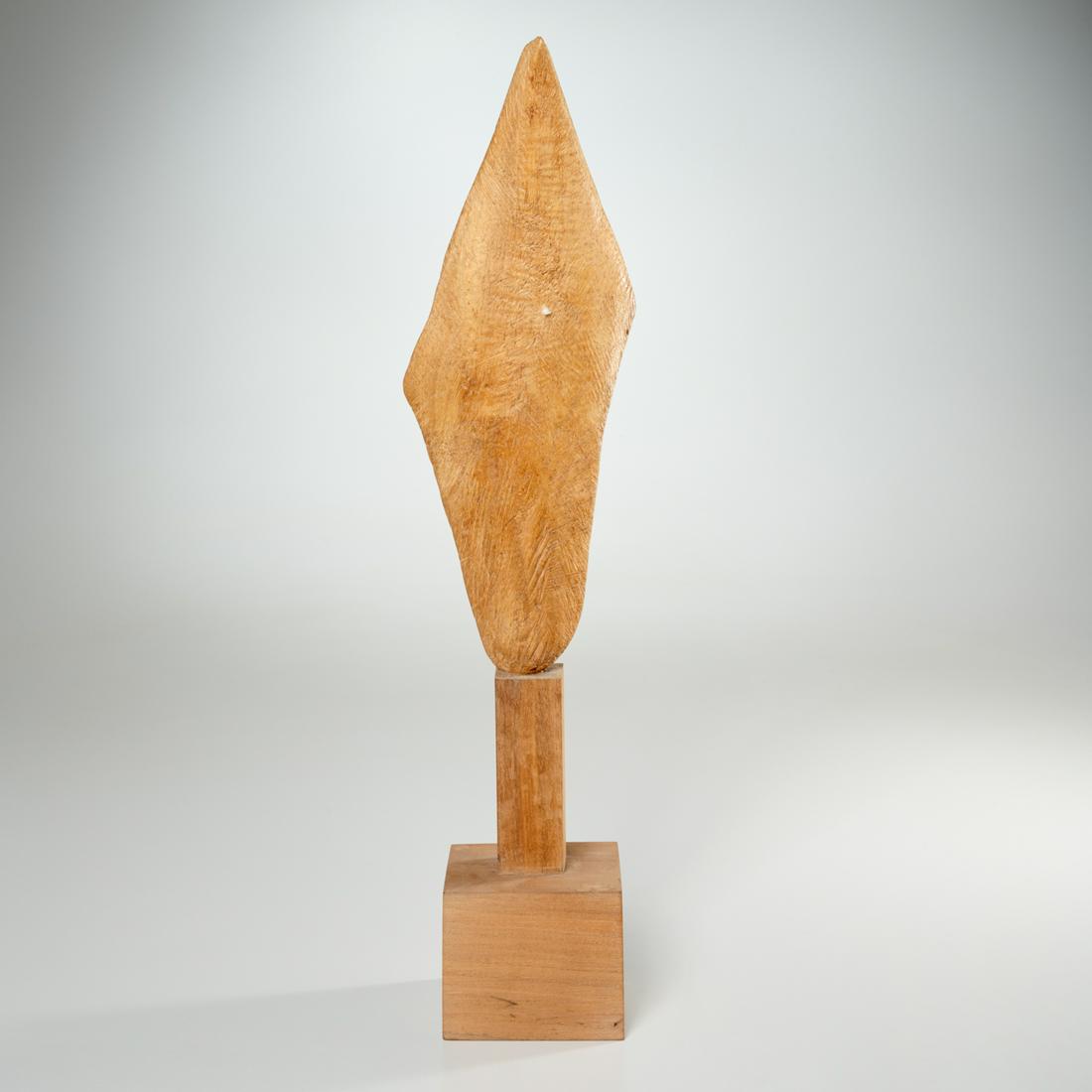Michael Lekakis (manner of), wood sculpture, 1999: Michael Lekakis (manner of), wood sculpture, 1999, Manner of Michael Lekakis (American, 1907-1989), indistinctly signed and dated, 19.5"h (overall) x 3.5"squ (base), 12.5"h (sculpture) Provenance: The