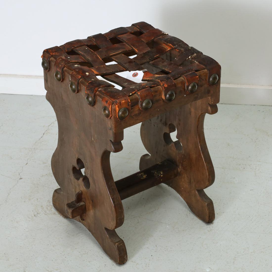 California Mission style leather & walnut stool (1 of 4)