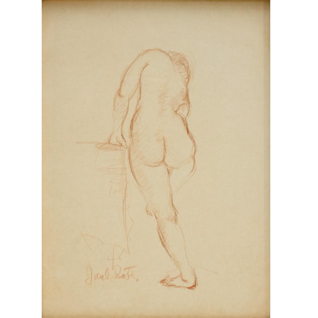 Jan de Ruth, nude drawing: Jan de Ruth, nude drawing, Jan de Ruth (Czech, 1922-1991), nude study, artist's crayon on paper, signed lower left, gallery label verso, 13"h x 9.5"w (sight), 21.25"h x 18"w (frame) Provenance: Provin