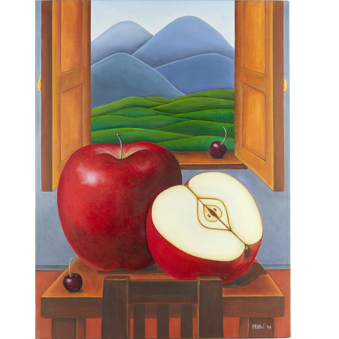 Mike Medow, oil on canvas, 1994: Mike Medow, oil on canvas, 1994, Mike Medow (American, b. 1944), "Apples", 1994, oil on canvas, signed and dated lower right, unframed, 40"h x 30"w Provenance: The Collection of Joy and Harry Henshel,