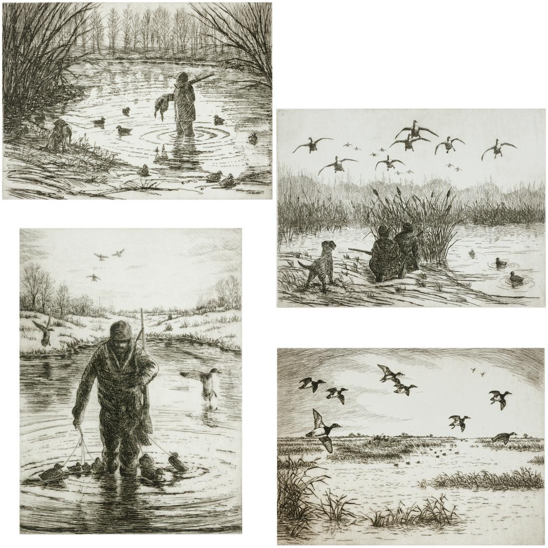 Frank Benson (manner of), (4) sporting etchings: Frank Benson (manner of), (4) sporting etchings, Manner of Frank Benson (American, 20th c.), "Never Fails", "Triple", "Surprise Arrival", and "Right Place, Wing Spread", illegibly signed lower right,
