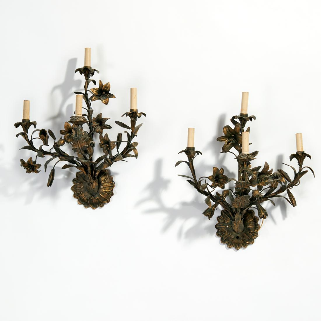 Pair gilt and patinated bronze floral sconces (1 of 8)
