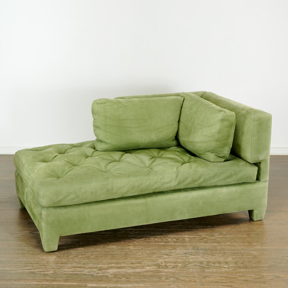 Juan Pablo Molyneux, green suede chaise lounge: Juan Pablo Molyneux, green suede chaise lounge, 21st c., button tufted, nice quality, unmarked, 28"h x 58.5"w x 34.5"d Provenance: Contents from the home of a recording industry insider