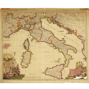 Nicolas Sansom, map of Italy, 1701: Nicolas Sansom, map of Italy, 1701, "L'Italie Divisee Suivant l'Estendue de Toutes ses Sourverainetesâ€¦", Pieter Schenk, Amsterdam, 1701, hand-colored copper plate engraving on laid paper, 20.25"