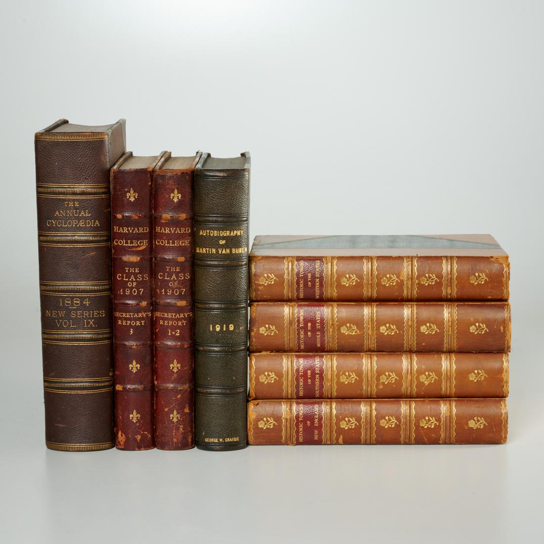 (8) Vols. leather binding, incl. Historic Towns: (8) Vols. leather binding, incl. Historic Towns, Includes: (4) vols. Historic Towns of the Southern States, Middle States, Western States & New England, Putnam's 1899-1901; (2) vols. Harvard College T