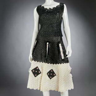 Azzedine Alaia raffia skirt ensemble: Azzedine Alaia raffia skirt ensemble, 2000's, black and white flared skirt with applied geometric designs, ribbed waist, concealed side zip, approx. 27"w, 28"l, solid black tank with concealed side