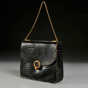 Morabito Paris black crocodile skin handbag: Morabito Paris black crocodile skin handbag, 1960's/1970's, glossy black finish, gold-tone clasp and solid cable chain, Made in France, exterior slide pocket, interior with (3) slide pockets, one pock