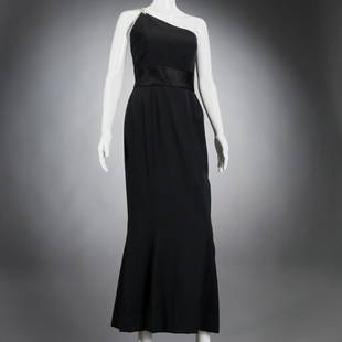 Carolyn Roehm one shoulder evening dress: Carolyn Roehm one shoulder evening dress, c. 1980's, long black crepe, column style sheath with banded satin waist, rhinestone shoulder strap, side zip, size 8, approx. 32"b, 27"w, 54"l Provenance: Fr