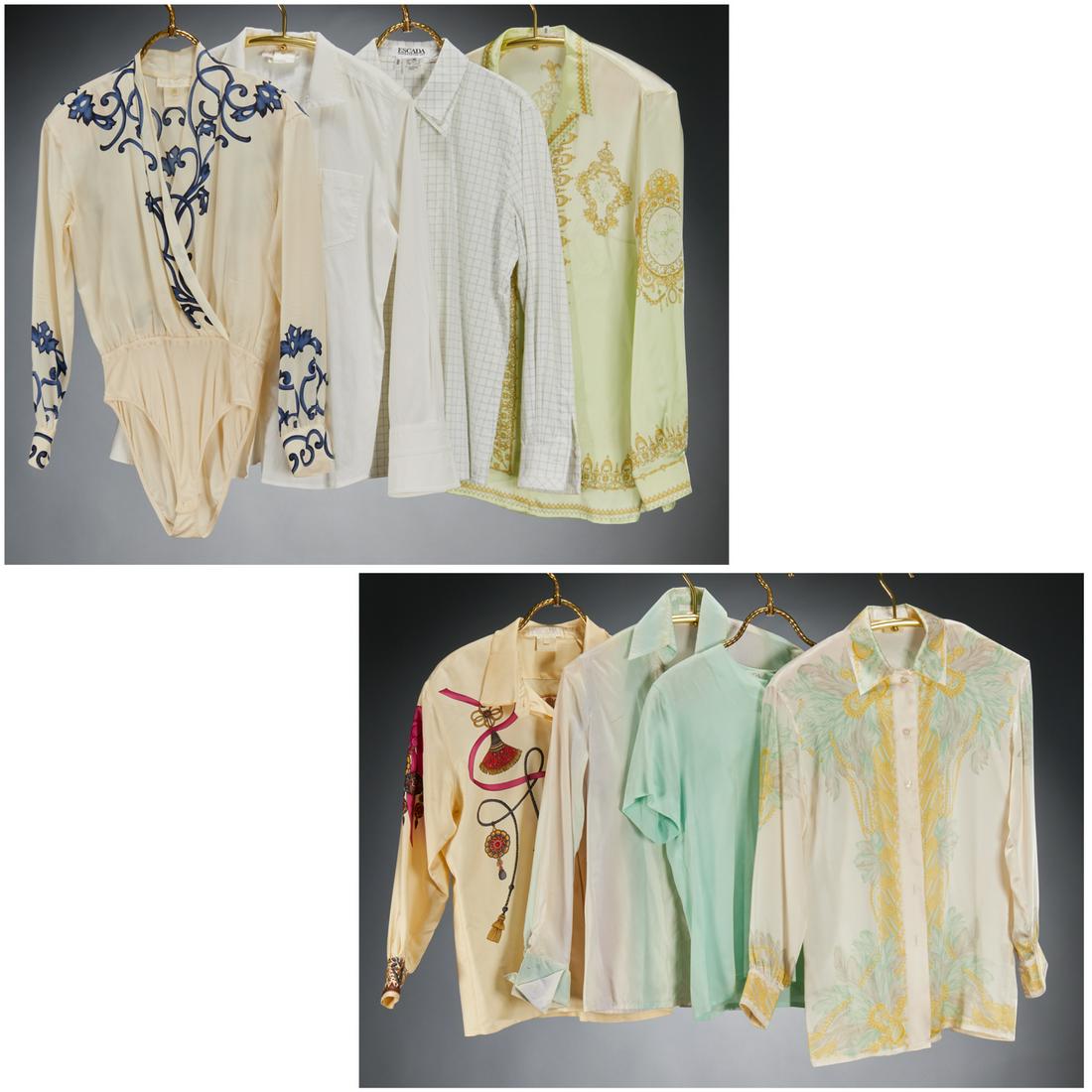 Group of ladies Escada blouses: Group of ladies Escada blouses, 20th/21st c., incl. (1) cotton window pane check, size 38, (1) white cotton with French cuff sleeves, size 40, (1) silk crossover neckline silk print bodysuit, size 34,