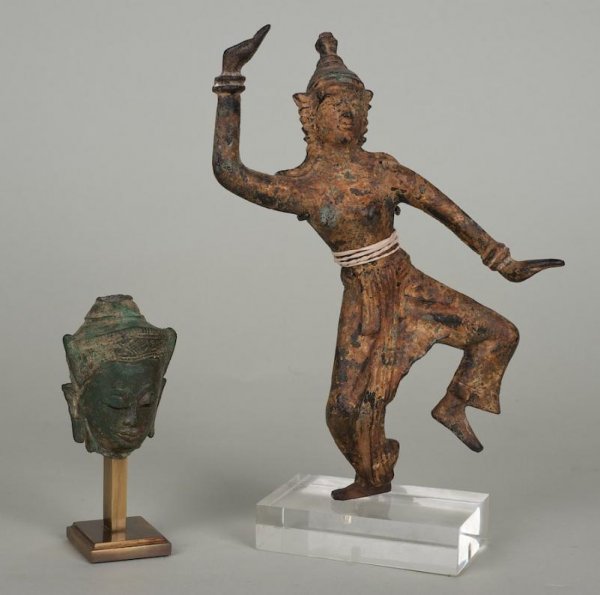 (2) early Thai bronze and iron Buddhist artifacts: (2) early Thai bronze and iron Buddhist artifacts, 18th century, larger: 8"h (excluding stand)