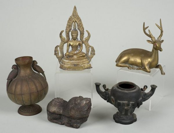 Himalayan, Near-Eastern and Buddhist brass objects: Himalayan, Near-Eastern and Buddhist brass objects, Probably 19th century, (5) pieces, incl. a Southeast Asian stag, Buddha largest: 7"h x 4.5"w
