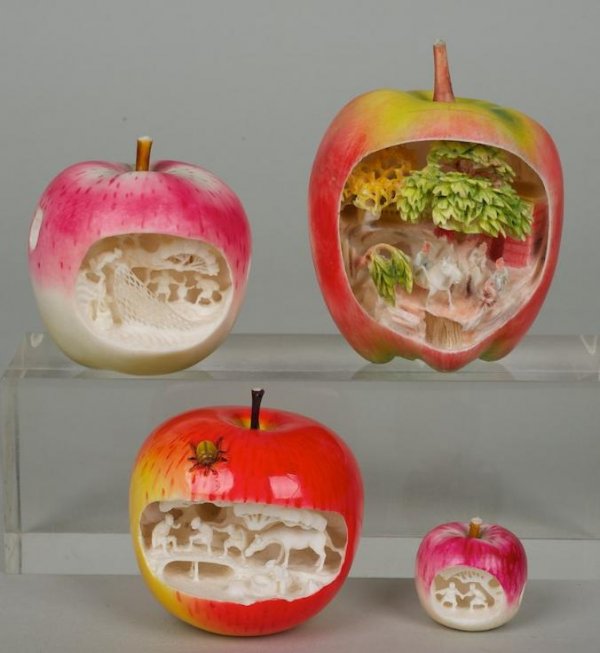 (4) Chinese carved polychromed ivory apple dioramas: (4) Chinese carved polychromed ivory apple dioramas, 20th century, largest: 3.5"h x 2.75"w, smallest: 1.25"h