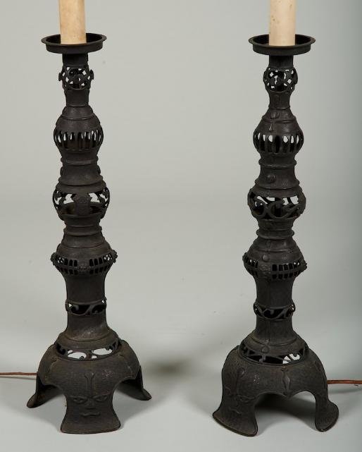 Pair Chinese archaic style bronze altar stick lamp: Pair Chinese archaic style bronze altar stick lamps, 20th century, 24"h (excl. fitments), 39"h (total)