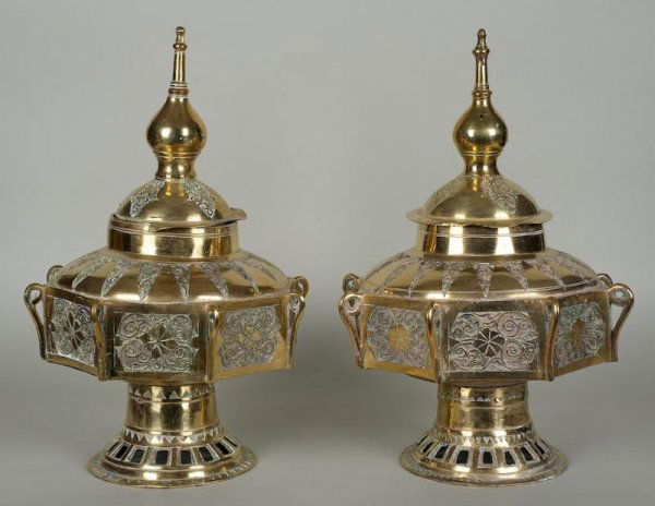 Pair large antique Islamic brass containers, ex Lu: Pair large antique Islamic brass containers, ex Luce coll., 19th century, 20"h x 13.5"dia. Provenance: The Estate of Henry Luce III