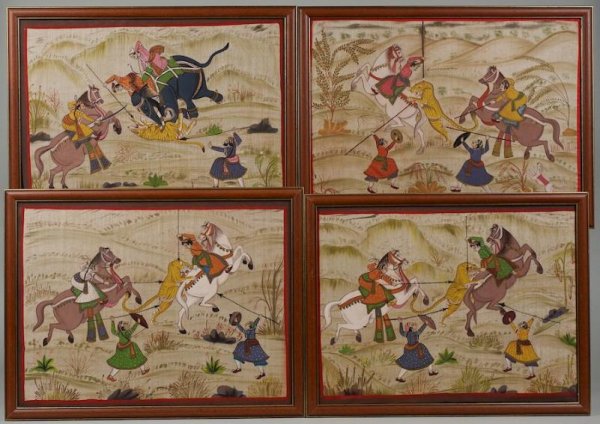 Set (4) Mughal style gouache paintings of the hunt: Set (4) Mughal style gouache paintings of the hunt, 20th century, largest: 14" x 19" (sight), House of Heydenryk frames