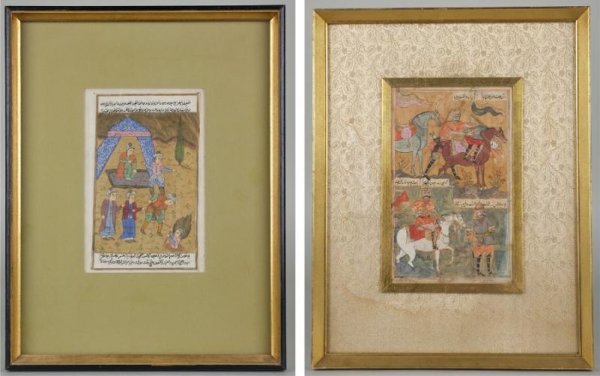 (2) antique Mughal gouache paintings: (2) antique Mughal gouache paintings, 18th/19th century, 10.5" x 6.5" (sight), framed