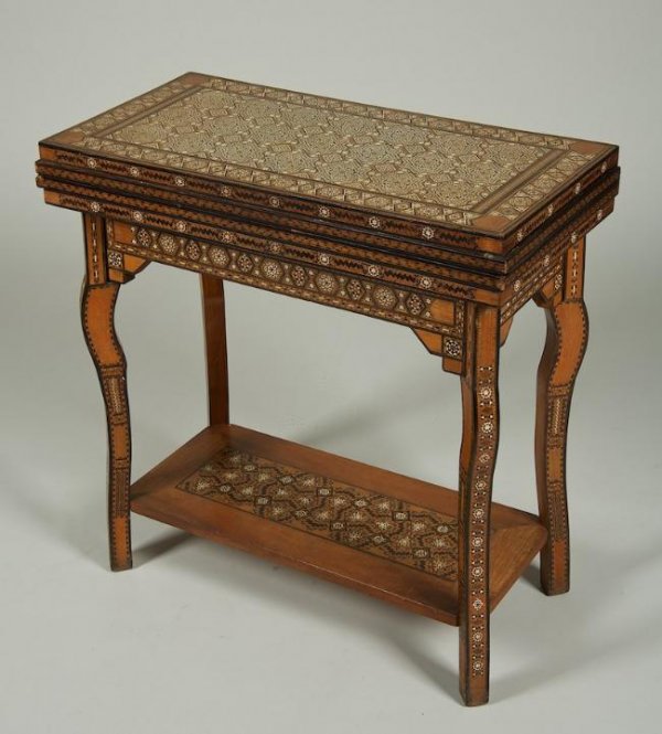 Syrian inlaid bone inlaid wood games table: Syrian inlaid bone inlaid wood games table, Late 19th/20th century, 29"h x 29"w x 14.5"d (closed)