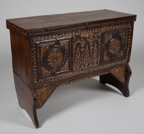Syrian mother-of-pearl and metal inlaid cabinet: Syrian mother-of-pearl and metal inlaid cabinet, Incorporating antique elements, 30"h x 39"l x 16"d