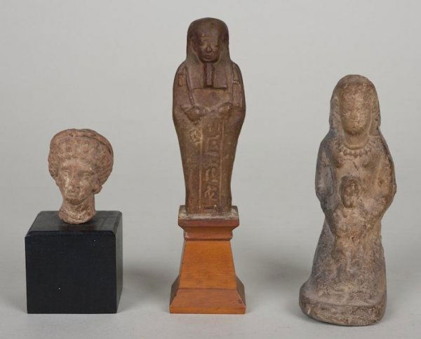 (3) Egyptian and Roman earthenware antiquities: (3) Egyptian and Roman earthenware antiquities, Probably 200-300 AD, incl. one Ushabti, largest: 4.5"h