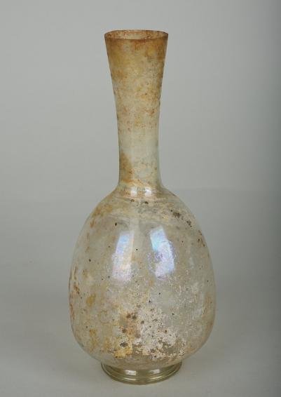 Roman green glass bottle vase: Roman green glass bottle vase, Probably circa 200-300 AD, 7.5"h x 3" dia.