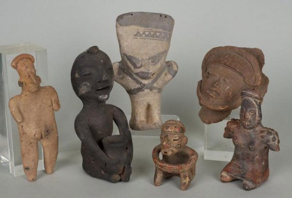 Collection Pre-Columbian earthenware figures: Collection Pre-Columbian earthenware figures, Approx. (6) pieces, largest: 7.25"h
