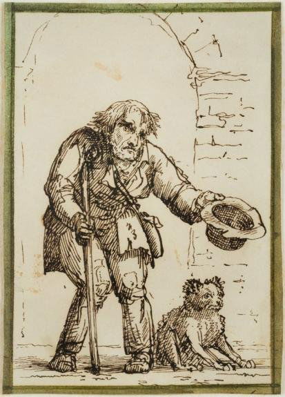 Dutch School (18th c.) ink drawing: Dutch School (18th c.) ink drawing, Beggar and his dog, bears inscription verso "B-210-C, Rembrandt van Rijn - Exhibited: Minneapolis Art Institute 1938-39 - Chicago Art Institute 1932? - Fogg Collect