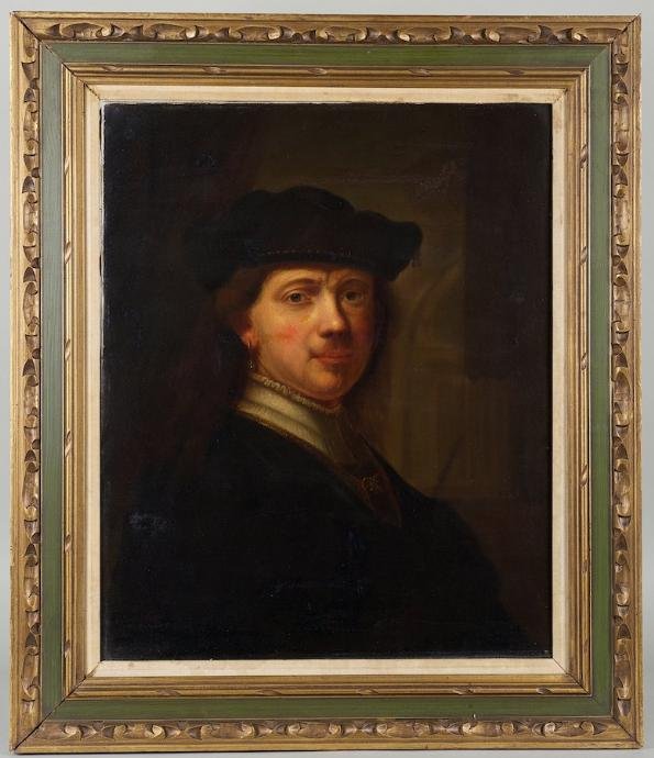 Oil painting self portrait after Rembrandt van Rij: Oil painting self portrait after Rembrandt van Rijn, 19th century, 26.5" x 22" (sight), framed