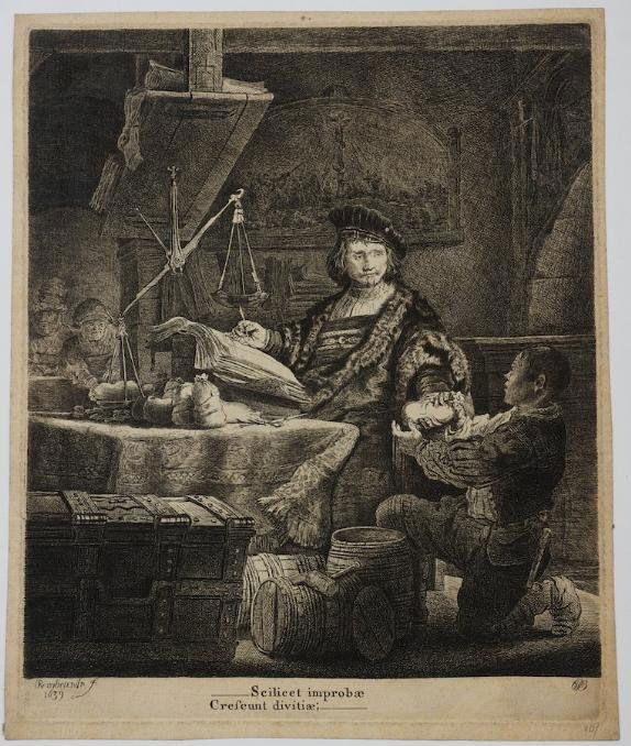 Etching after Rembrandt Van Rijn (1606-1669, Dutch: Etching after Rembrandt Van Rijn (1606-1669, Dutch), "The Goldweigher", 10.25" x 8.25" (sheet), framed Provenance: The Estate of Arnold Newman, NY