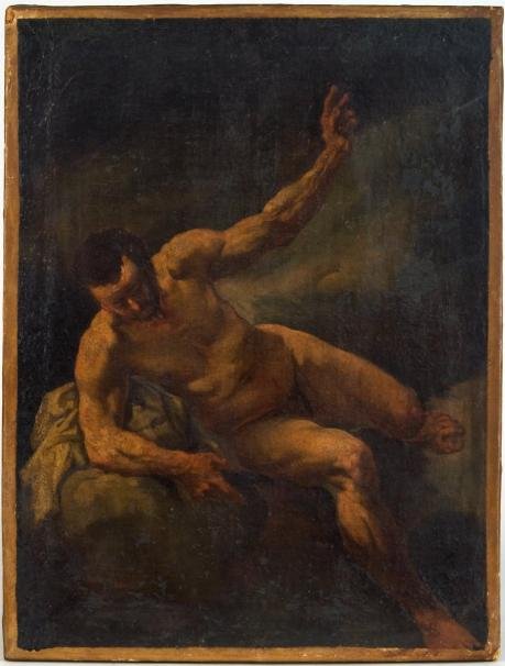 Circle of Theodore Gericault (1791-1824, French) p: Circle of Theodore Gericault (1791-1824, French) painting, Study of a male nude, oil on canvas, unsigned, 21.5" x 16" (stretcher size), unframed, bears early auction label on stretcher verso