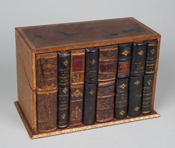 French tooled leather book spine letter box: French tooled leather book spine letter box, 20th century, 8.5"h x 12.5"l