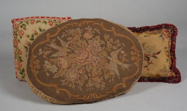 (3) antique French style needlepoint throw pillows: (3) antique French style needlepoint throw pillows, 20th century, largest: 24" x 17" Provenance: Fawn Hill Farm, Morristown, NJ